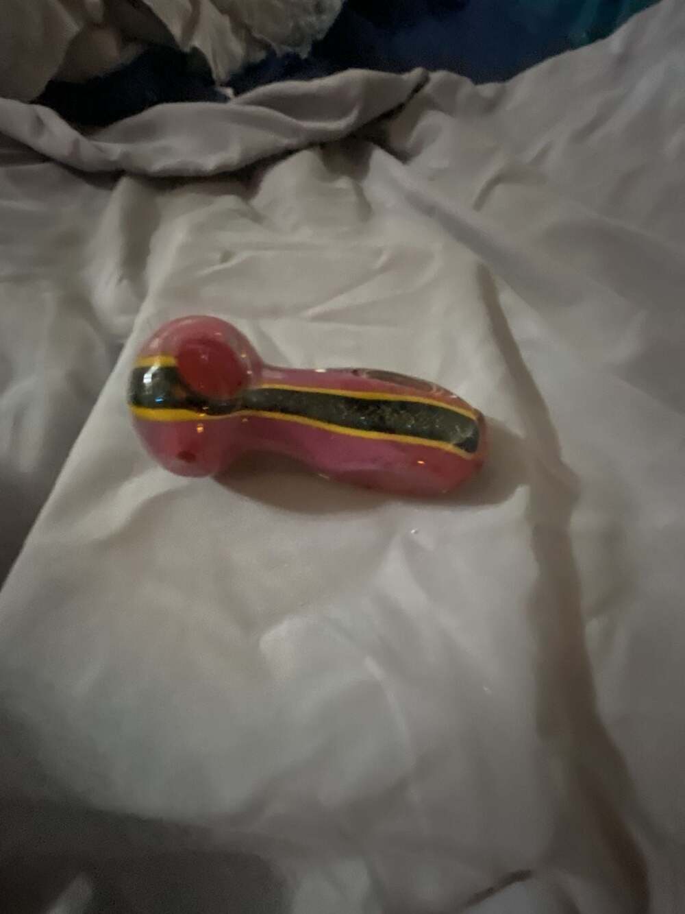 Pink and Black Glass Spoon Hand Pipe with Yellow Accents - Picture 3 of 7